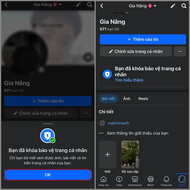 bật khóa bảo vệ trang cá nhân